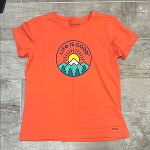 Life Is Good Orange Short Sleeve Tee with Mountain Graphic